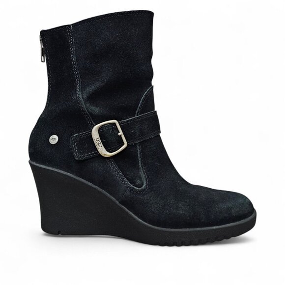 UGG Gissella Womens Suede Sheepskin Shearling Wedge Zip Black Ankle Boots 5593 - Picture 1 of 14